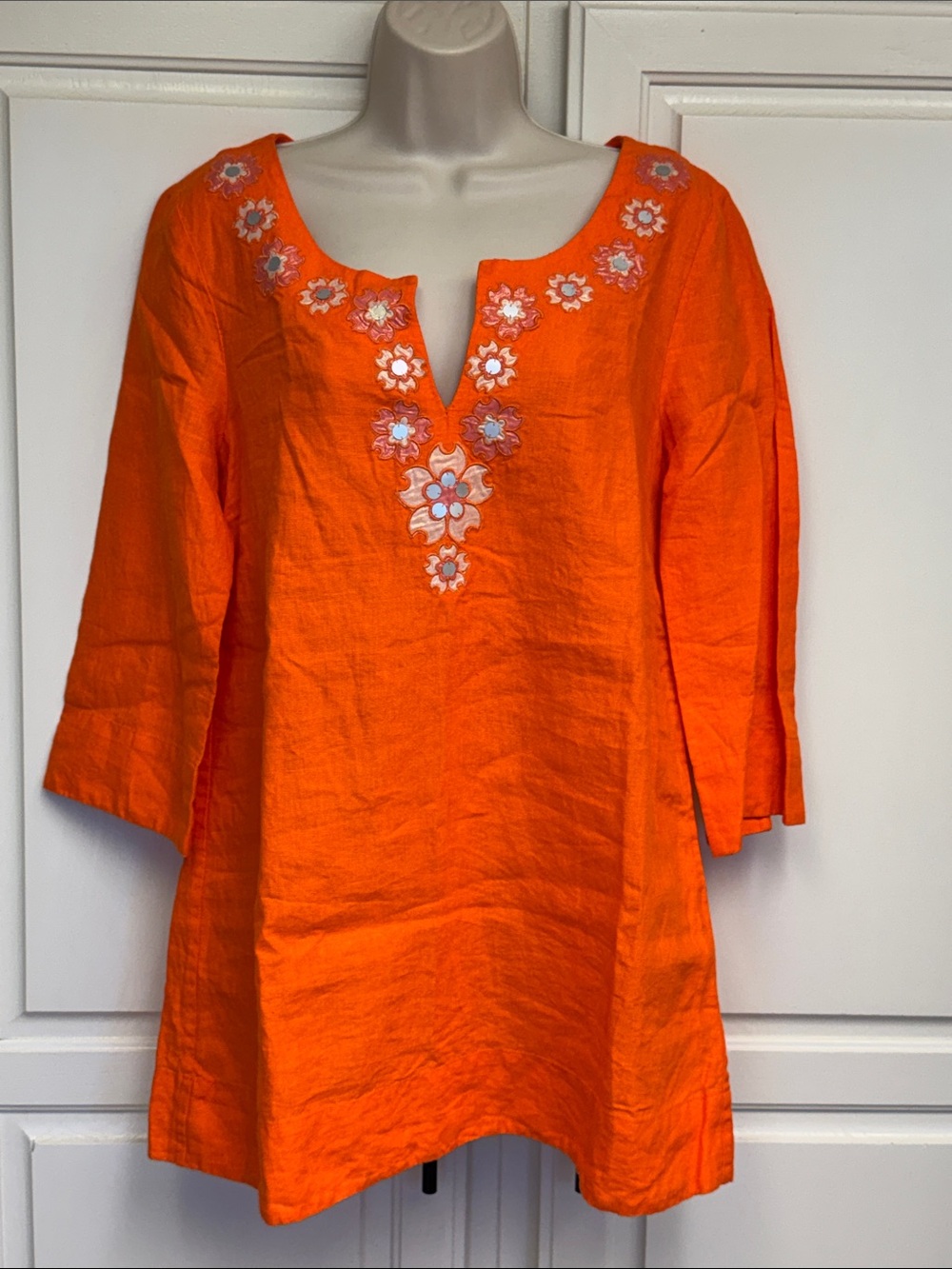 Embroidered J.Crew Orange Linen Tunic Dress or Bathing Suit Coverup Sz. Med